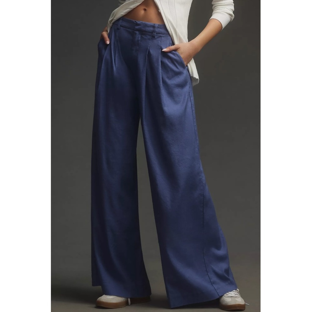Maeve Anthropologie Avery Wide Leg Pleated Trousers Women's 4 Blue Linen Blend
